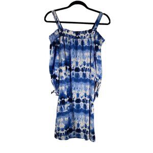 French Laundry Women Size Medium Blue Tie Dye‎ Mini Dress Cut Out Shoulder Tunic